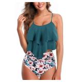 Womens High Waisted Swimsuits Tankini Flounce Top Bikini Bottom Tummy Control Modest Swimwear Two Piece Bathing Suits Turquoise XXL