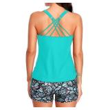 Tempt Me Two Piece Tankini Swimsuits for Women Tummy Control Bathing Suit with Shorts Athletic Swimwear Aqua Blue Floral M