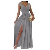 Dokotoo Womens Ladies Elegant Floor Length A Line Wrap Deep V Neck Backless Ruched Pleated Ruffled Split Long Maxi Formal Evening Party Prom Dress Bridesmaid Wedding Guest Dresses for Women Gray M