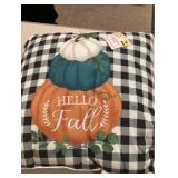 Hello Fall Pillow Size 16 x 16 In, Hello Fall Wall Decor Plaque, Leaf Garland, Scarecrow Stick, and Cinnamon Scented Broom