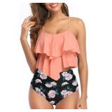 Womens High Waisted Swimsuits Tankini Flounce Top Bikini Bottom Tummy Control Modest Swimwear Two Piece Bathing Suits Orange XL