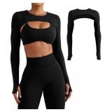 YEOREO Women Crop Top Long Sleeve Bolero Open Front Workout Cropped Shirts Sports Shrug Without Bra Black M