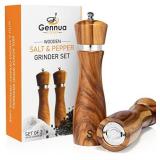 Gennua Kitchen Wooden Salt and Pepper Grinder Set: Refillable Salt & Pepper Mills Adjust for Customized Coarseness, Crafted of Solid Acacia Wood with Ceramic/Stainless Steel Core, 8 Inches Each