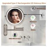 Rocollos Two-Fingers-Width Narrow Base Rechargeable Wall Mounted Lighted Makeup Mirror,3 Color Lights Dimmable Touch Screen,8 Inch LED Double Sided 1X/10X Magnifying Mirror 13 Inch Retractable