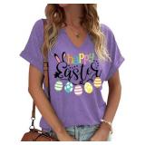 Earlymemb Womens Happy Easter V Neck Shirt Easter Egg Graphic Tee Easter Day Funny Letter Printed Short Sleeve Tops(S,V-Purple-1)