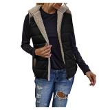 Womens Sherpa Fleece Zipper Up Reversible Vest Warm Color Block Hoodie Outwear with Pocket