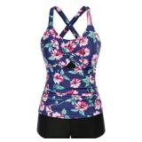 GRACE KARIN Tankini Swimsuits for Women 2 Piece Crisscross Back Bathing Suits Ruched Tank Top with Boy Shorts Blue Floral M