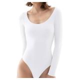 PUMIEY Bodysuit For Women Long Sleeve Tops Splashed White Small