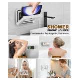 Upgraded Shower Phone Holder Waterproof with Speaker Hole Screentouch Shower Phone Stand Case Mount for Bathroom Bathtub Kitchen Wall Mirror for iPhone 15 14 13 12 11 Pro XS XR Max (White)