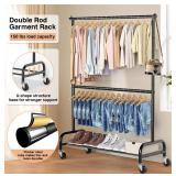 MISSLO Heavy Duty Clothing Racks for Hanging Clothes Rack Double Rod Garment Rack Rolling Closet Wardrobe Rack on Wheels, Metal, Adjustable, Black