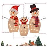 Joliyoou Christmas Yard Decoration, Set of 3 Pre-lit Snowman with 60 LEDs Warm White Lights, 2D Light Up Tinsel Snowman Family for Xmas Holiday Front Door Indoor Outdoor Decor