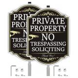 (2 Pack) Large No Trespassing Signs Private Property with Stake 36" Tall, 14" x 10" Aluminum, No Soliciting Signs, UV Printing, Rust&Fade Resistance, Easy to install