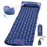 PACOONE Camping Sleeping Pad, Ultra Light Camping Pad with Pillow Built-in Foot Pump Inflatable Sleeping Pad Compact and Lightweight Air Mat (Blue)