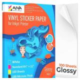 Printable Vinyl Sticker Paper - Waterproof Decal Paper for Inkjet Printer - 100 Self-Adhesive Sheets - Glossy White - Standard Letter Size 8.5"x11" (Mostly Full)