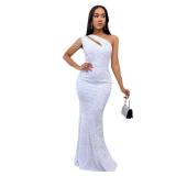 Cololura Women Sequin Elegant Sexy One Shoulder Tassel Mermaid Bodycon Cocktail Evening Dress White Appears Large No Tag