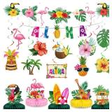 Blosssound 27 Pcs Hawaiian Luau Decorations Luau Birthday Hanging Swirl Aloha Party Banner Tropical Honeycomb Table Centerpiece Palm Flamingo Pineapple Sign for Tropical Summer Tiki Party Supplies