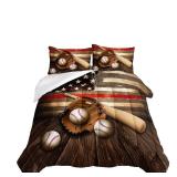 HOSIMA American Flag Baseball Bedding Set, Brown Sports Theme Baseball Comforter Set,Stars and Stripes Softball Quilt Set with 2 Pillowcases for Boys Room Decor,Full Size Comforter Sets for Teens.