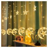 WATERGLIDE 138 LED Star Moon Curtain Decorative Lights, Window Curtain Fairy String Lights, Remote Control & USB Plug, 8 Lighting Modes for Home Holiday Ramadan Christmas Wedding Party, Warm White