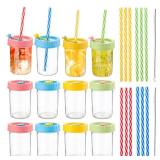 Suwimut 12 Pack Kids & Toddler Glass Cups, 8 OZ Regular Mouth Glass Mason Jars Drinking Cup with Lids, Plastic Straws, Silicone Stoppers and Cleaning Brush, Spill Proof Glass Tumbler for Smoothies