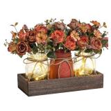 DUOER 3 Pcs Mason Jar Centerpiece Table Decorations for Dining Table Decor Farmhouse Coffee Table Decor with Wood Tray and Led Light Table Centerpieces for Dining Room Kitchen Living Bathroom,Orange