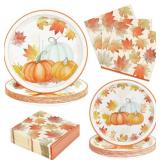 Homlouue 200 PCS Thanksgiving Paper Plates and Napkins with Watercolor Pumpkin and Maple Leaves Thanksgiving Party Supplies Disposable Dinnerware Include 50 Dinner Plates 50 Dessert Plates 100 Napkins