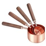 GuDoQi Measuring Cups and Spoons Set of 8, Walnut Wood Handle, with Metric and US Measurements, Premium Stainless Steel, Rose Gold Polished Finish, Dry & Liquid Measuring Cup for Cooking and Baking