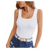 VAFFUL Womens Tank Tops Square Neck Summer Sleeveless Ribbed Slim Fitted Top Shirts Basic Casual Blouses Tee White M