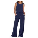 ANRABESS Womens Jumpsuits 2024 Casual Summer Dressy Romper Sleeveless Wide Leg Long Pants Outfits Fashion Travel Clothes Blue Small