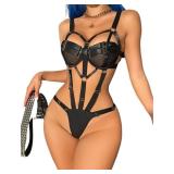 Avidlove Womens Bondaged Lingerie Set Sexy Underwired Push Up One Piece Babydoll Teddy Lingerie Black Small