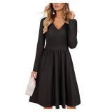 ULTRANICE Black Long Sleeve Dress Womens 2024 Trendy Spring Casual Wedding Guest Semi Formal Party Vavation Outfits Fashion Clothes V Neck Midi Dresses with Pockets(Black A,L)