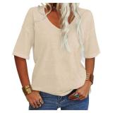 Danedvi Women Fashion V Neck Half Sleeves Oversized T Shirt Solid Casual Loose Basic Tops Beige XL