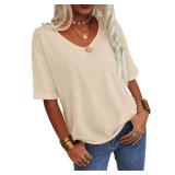 Danedvi Women Fashion V Neck Half Sleeves Oversized T Shirt Solid Casual Loose Basic Tops Beige XL