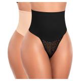 Tummy Control Thong Shapewear for Women Lace High Waist Body Shaper Panties Girdle Shaping Underwear (Medium,Black & Beige)