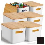 Geosar 6 Pcs Storage Bins with Bamboo Lids Plastic Storage Containers Stackable Storage Box with and Handle with 6 Labels and Marker for Organizing Toys and More, 10.1x7x6.69 In (Classic, White)