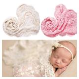 Buryeah 2 Pcs Lace Newborn Photography Props Wrap 12 x 67 Inch Girl Posing Photoshoot Blanket Newborn Picture Outfits for Photo Props, Beige Pink