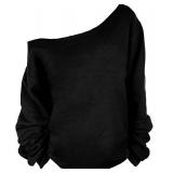 MAGICMK Womans Sweatershirt Lips Print Causal Blouse Off The Shoulder Long Sleeve Loose Slouchy Pullover Plus Size Tops(3XL) Black