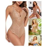 Avidlove Women Lace Bodysuit Sexy Lingerie Teddy Snap Crotch Lingerie One Piece Babydoll(Light Khaki,L)