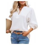 Astylish Henley Shirts for Women 2024 Fashion V-Neck Balloon Sleeve Linen Button Down Casual Tunic Tops Loose Fit Dressy White Small