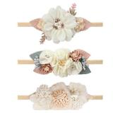 VOBOBE Baby Girl Nylon Headbands Infant Flower Elastic Hair Band Bows Wraps For Newborn Toddler Hair Accessories Pack of 3 (C-Beige)