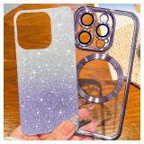 Hython for iPhone 15 Pro Max Case Clear Magnetic Glitter Phone Cases [Compatible with MagSafe] Full Camera Lens Protector Slim Gradient Sparkle Luxury Plating Shockproof Protective Cover Women, Purple