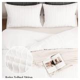 WARMDERN White Boho Duvet Cover Set Queen Size, Striped Textured Tufted Bedding Set, 3 Pcs Ultra Soft Washed Microfiber with Zipper Closure (Queen, White)