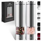 Electric Salt and Pepper Grinder Set - Battery Operated Stainless Steel Mill with Light (2 Mills) - Automatic One Handed Operation - Electronic Adjustable Shakers - Ceramic Grinders