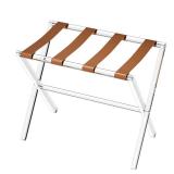 Sumerflos Acrylic Luggage Rack with Brown Leather Straps for Guest Room - Foldable Clear Fancy Suitcase Stand for Bedroom, Hotel, Holds Up to 50-100 lb, Ease of Use, Portable, Space Saving