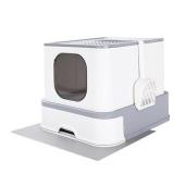 RIZZARI Large Foldable Top Entry Cat Litter Box with Lid,Anti-Splshing Kitty Litter Pan Easy Cleaning and Scoop (Upgrade,Light Gray)