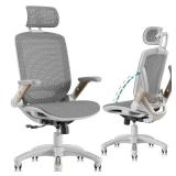 GABRYLLY Ergonomic Office Chair, High Back Home Desk Chair with Headrest, Flip-Up Arms, 90-120Â° Tilt Lock and Wide Cushion, Big and Tall Mesh Chairs for Man Woman, White Task Chair - Retail: $265.8