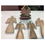 Let it Snow Wooden Christmas Tree Table Topper 10 In, Two Tall Wooden Angels 12 In and Two Shorter Wooden Angels 10 In