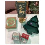 Seasons Greeting Green and Gold Table Topper, Two Green Plastic Tree Candy Dishes, Happy Holidays Gift Box, and Two 24 Pc Cupcake Liners