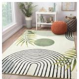 RoomTalks Mid Century Modern Washable Rug, Green Boho Cute Aesthetic 5x7 Area Rugs for Bedroom Dining Living Room Kitchen, Abstract Tropical Leaves Non Slip Thin Indoor Entryway Rug Throw Carpet