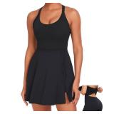 gofiep Womens Tennis Workout Dress with Open-Back Waistband Shorts Golf Active Side Slit Dresses - Size XL