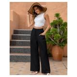 Fancysters Women Wide Leg Linen Pants, High Waisted Wide-Leg Cotton Linen Pants with Pockets (A04-black-2XL)